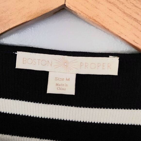 Boston Proper navy and cream striped cardigan sweater women's size Medium - Picture 2 of 6